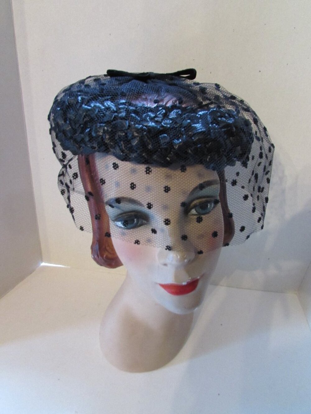 Vintage 1950 Era Black Cello Circle Hat Flocked Veil